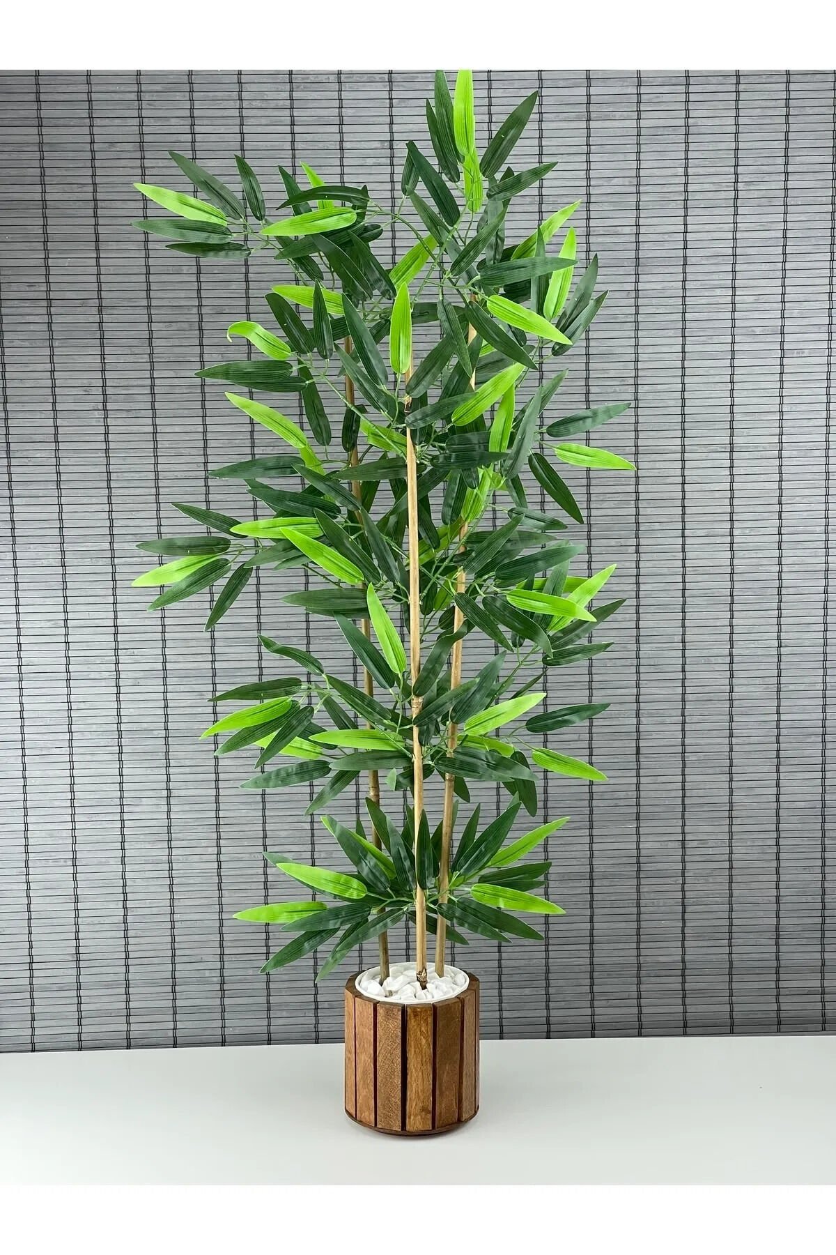 Ahşap Saksılı Yapay Yapraklı Bambu Ağacı 3 Gövde 110cm